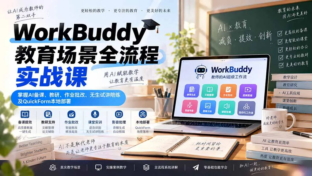 WorkBuddy教育场景全流程实战课：掌握AI备课、教研、作业批改、无生试讲陪练及QuickForm本地部署-续财库