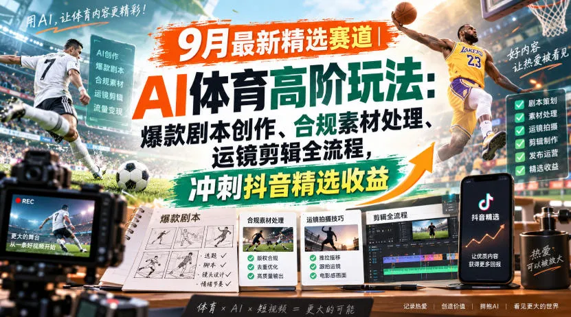 某大佬的9月最新精选赛道之AI体育顶级玩法，爆款剧本创作、版权规避、运镜剪辑全流程，稳拿抖音精选收益-续财库