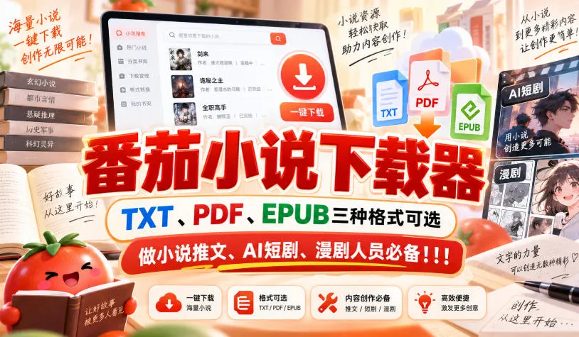 番茄小说下载器，TXT、PDF、EPUB三种格式可选，做小说推文、AI短剧、漫剧人员必备！！！-续财库