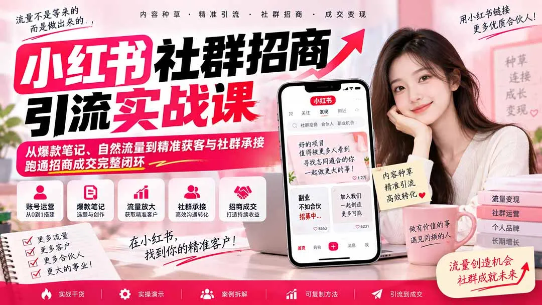小红书社群招商引流实战课-无水印：从爆款笔记、自然流量到精准获客与社群承接，跑通招商成交完整闭环-续财库