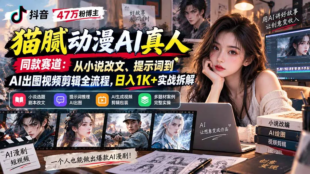 抖音47万粉博主猫腻动漫AI真人同款赛道：从小说改文、提示词到AI出图视频剪辑全流程，日入1K+实战拆解-续财库