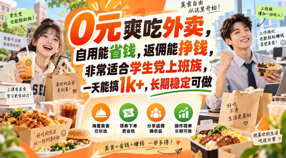 0元爽吃外卖，自用能省钱，返佣能挣钱，非常适合学生党上班族，一天能搞1k+，长期稳定可做-续财库