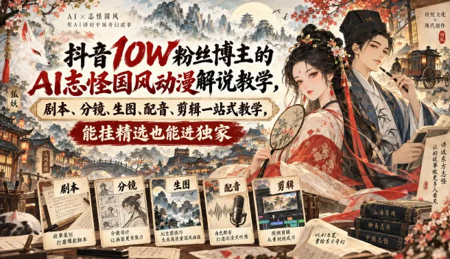 抖音10W粉丝博主满堂诡事的AI志怪国风动漫解说教学，剧本、分镜、生图、配音、剪辑一站式教学，能挂精选也能进独家​-续财库