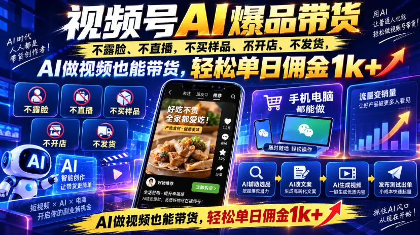 视频号Ai爆品带货，不露脸、不直播、不买样品、不开店、不发货，AI做视频也能带货，轻松单日佣金1k+-续财库