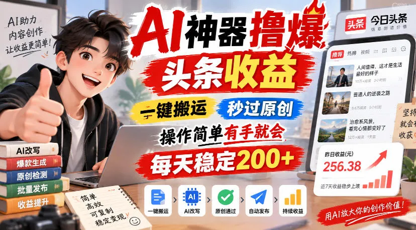 AI神器撸爆头条收益，一键搬运，秒过原创，操作简单有手就会，每天稳定200+【揭秘】-续财库