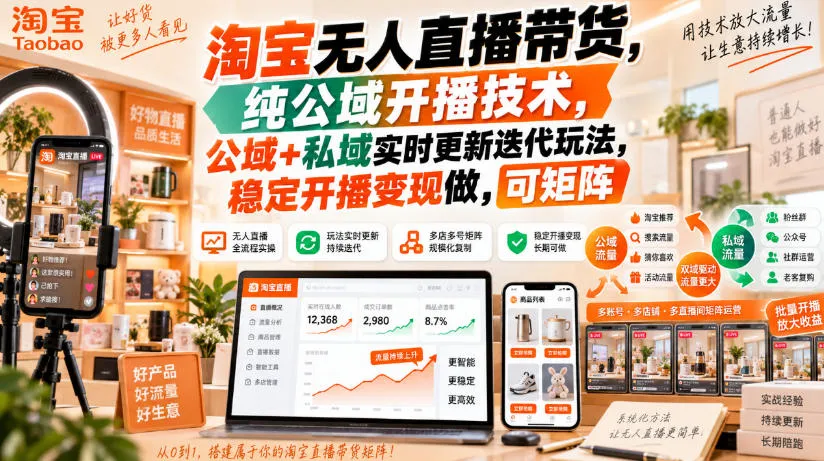 淘宝无人直播带货,纯公域开播技术,公域+私域实时更新迭代玩法,稳定开播变现做,可矩阵【揭秘】-续财库