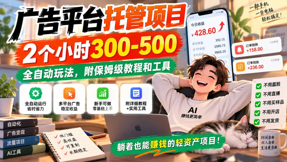 广告平台托管项目，2个小时300-500，全自动玩法，附保姆级教程和工具，小白照着就能做【揭秘】-续财库