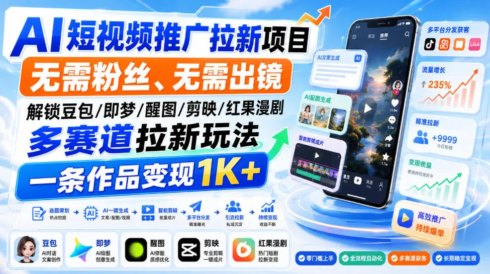 AI短视频推广拉新项目，无需粉丝、无需出镜，解锁豆包/即梦/醒图/剪映/红果漫剧多赛道拉新玩法，一条作品变现1K+(更新0918)-续财库