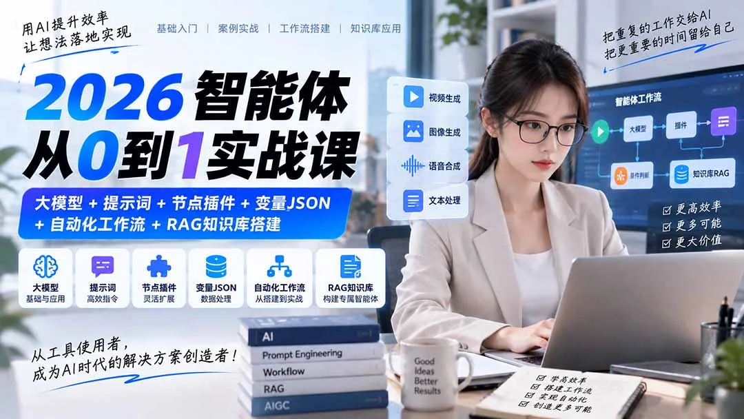2026智能体从0到1实战课|大模型+提示词+节点插件+变量JSON+自动化工作流+RAG知识库搭建-续财库