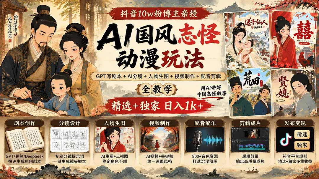 抖音10w粉博主亲授AI国风志怪动漫玩法｜GPT写剧本+AI分镜+人物生图+视频制作+配音剪辑全教学｜精选+独家日入1k+-续财库