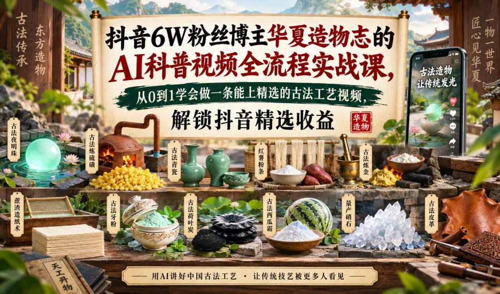抖音6W粉丝博主华夏造物志的AI科普视频全流程实战课，从0到1学会做一条能上精选的古法工艺视频，解锁抖音精选收益-续财库