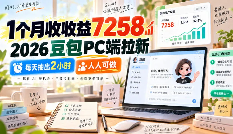 1个月收收益7258，2026豆包PC端拉新，每天抽出2小时，人人可做-续财库