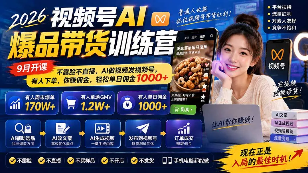 2026视频号AI爆品带货训练营-9月开课｜不露脸不直播，AI做视频发视频号，有人下单，你赚佣金，轻松单日佣金1000+-续财库