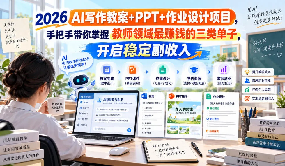 2026 AI写作教案+PPT+作业设计项目，手把手带你掌握教师领域最賺钱的三类单子，开启稳定副收入-续财库