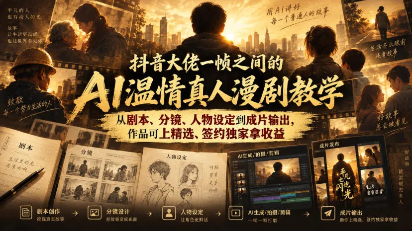 抖音大佬一帧之间的AI温情真人漫剧教学，从剧本、分镜、人物设定到成片输出，作品可上精选、签约独家拿收益-续财库