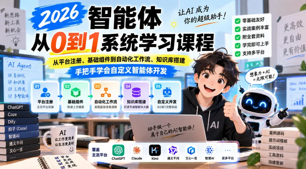 2026智能体从0到1系统学习课程，从平台注册、基础组件到自动化工作流、知识库搭建，手把手学会自定义智能体开发-续财库