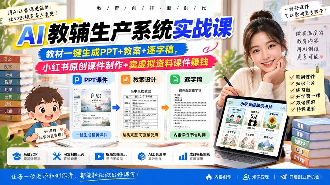 AI教辅生产系统实战课｜教材一键生成PPT+教案+逐字稿，小红书原创课件制作+卖虚拟资料课件赚钱-续财库