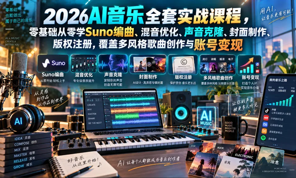 2026AI音乐实战课程，零基础从零学Suno编曲、混音优化、声音克隆、版权注册，覆盖多风格歌曲创作与账号变现-续财库