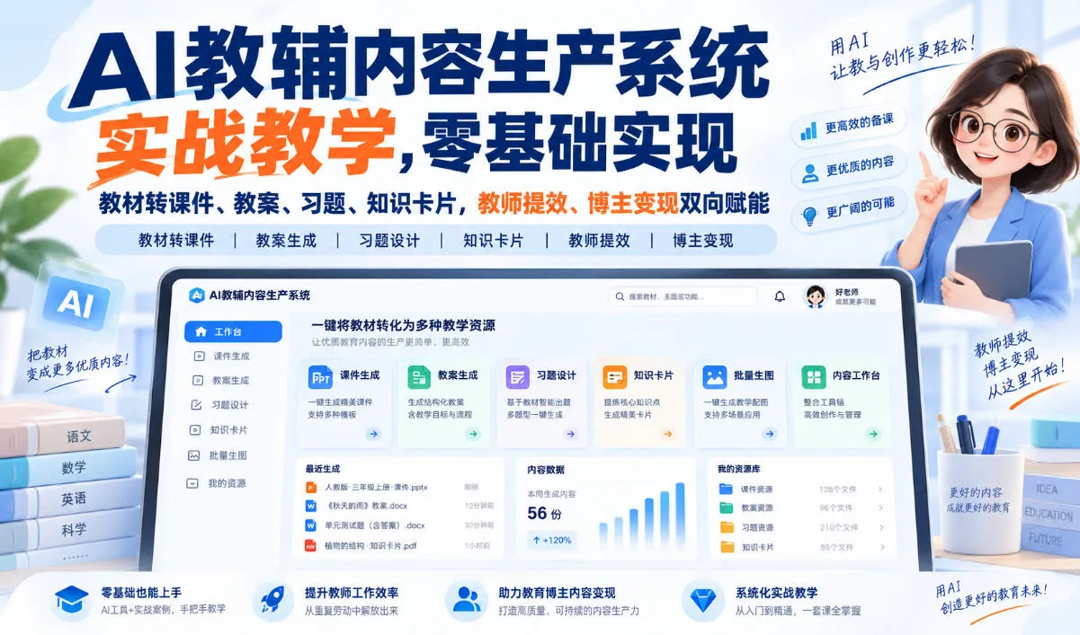 AI教辅内容生产系统实战教学，零基础实现教材转课件、教案、习题、知识卡片，教师提效、博主变现双向赋能-续财库
