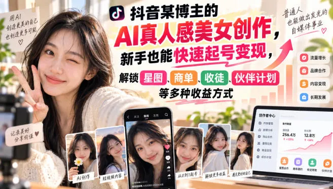 抖音某博主的AI真人感美女创作，新手也能快速起号变现，解锁星图，商单，收徒，伙伴计划等多种收益方式-续财库