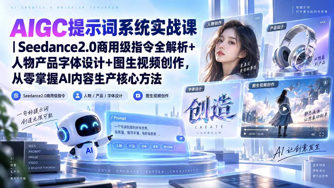 AIGC提示词系统实战课-无水印｜Seedance2.0商用级指令全解析+人物产品字体设计+图生视频创作，掌握AI内容生产方法-续财库