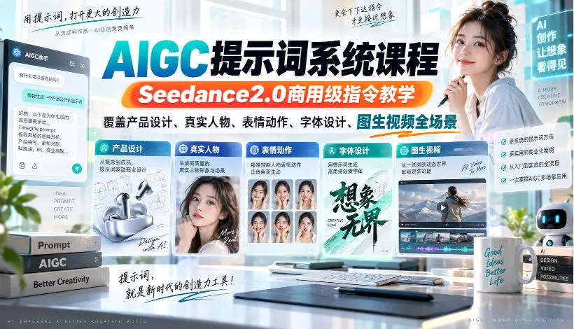 AIGC提示词系统课程，Seedance2.0商用级指令教学，覆盖产品设计、真实人物、表情动作、字体设计、图生视频全场景-续财库