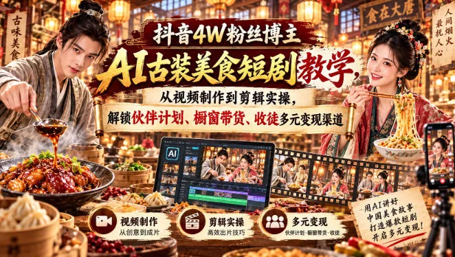 抖音4W粉丝博主AI古装美食短剧教学，从视频制作到剪辑实操，解锁伙伴计划、橱窗带货、收徒多元变现渠道-续财库