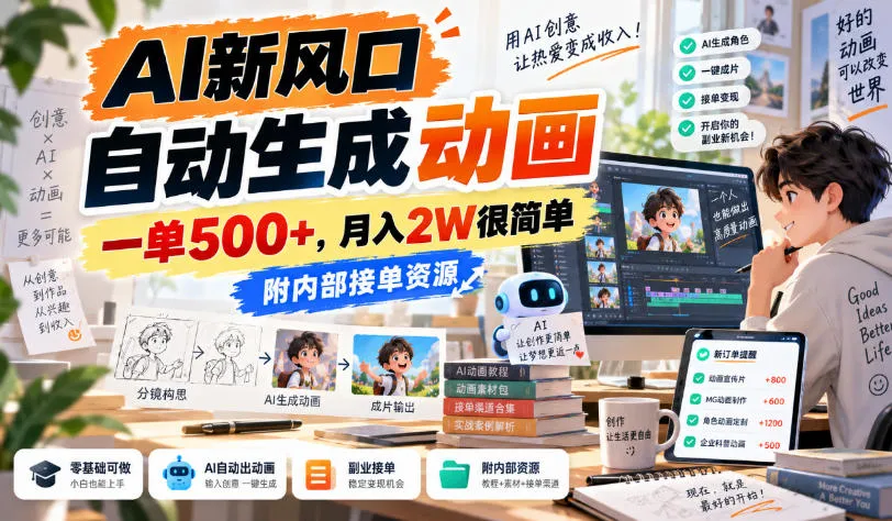 AI新风口,自动生成动画,一单500+,月入2W很简单,附内部接单资源【揭秘】-续财库