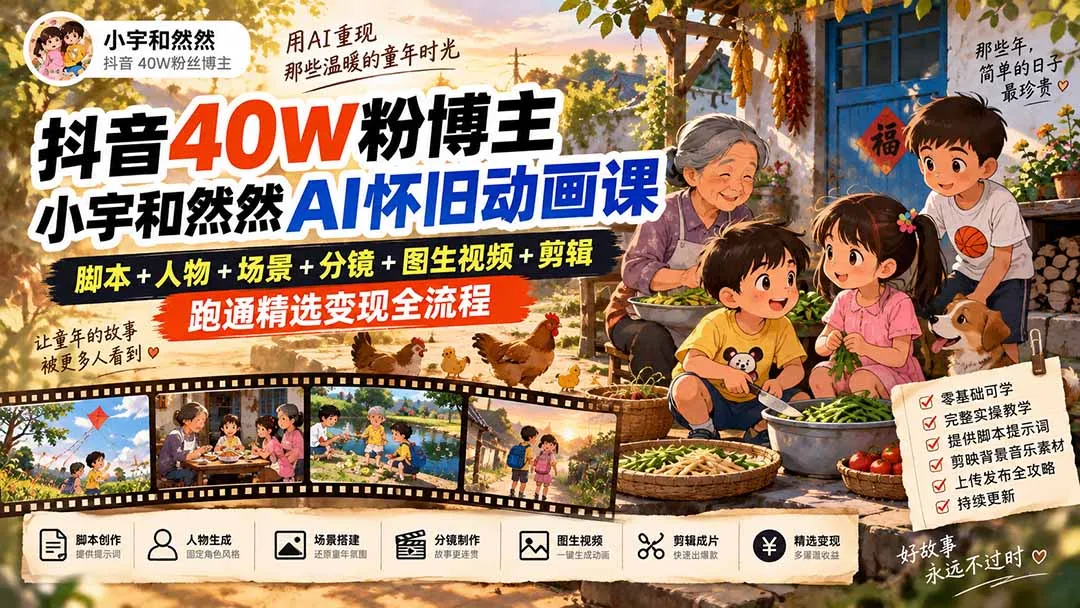 抖音40W粉博主小宇和然然AI怀旧动画课｜脚本+人物+场景+分镜+图生视频+剪辑，跑通精选变现全流程-续财库