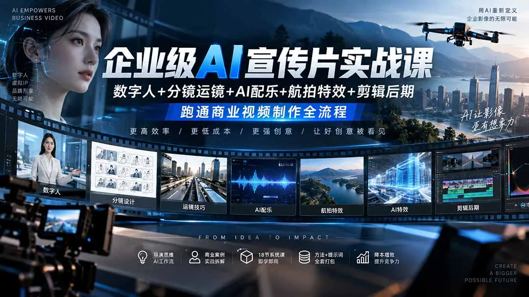 企业级AI宣传片实战课｜数字人+分镜运镜+AI配乐+航拍特效+剪辑后期，跑通商业视频制作全流程-续财库