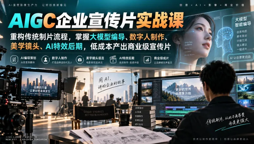 AIGC企业宣传片实战课，重构传统制片流程，掌握大模型编导、数字人制作、美学镜头、AI特效后期，低成本产出商业级宣传片-续财库