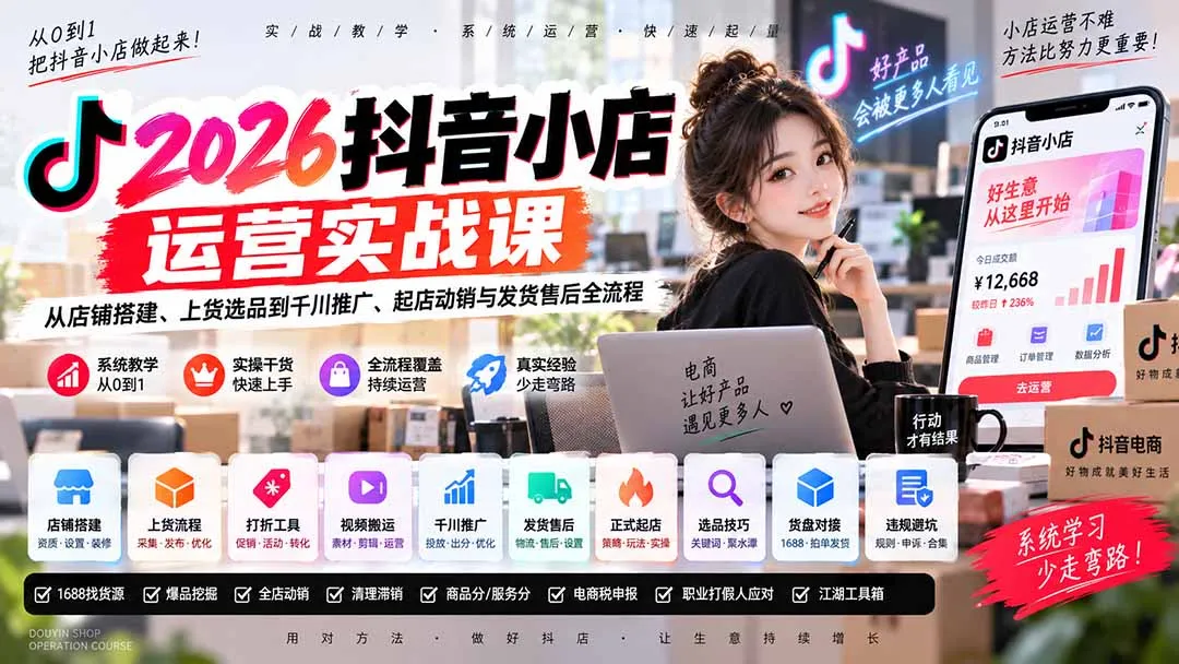 2026抖音小店运营实战课|从店铺搭建、上货选品到千川推广、起店动销与发货售后全流程-续财库