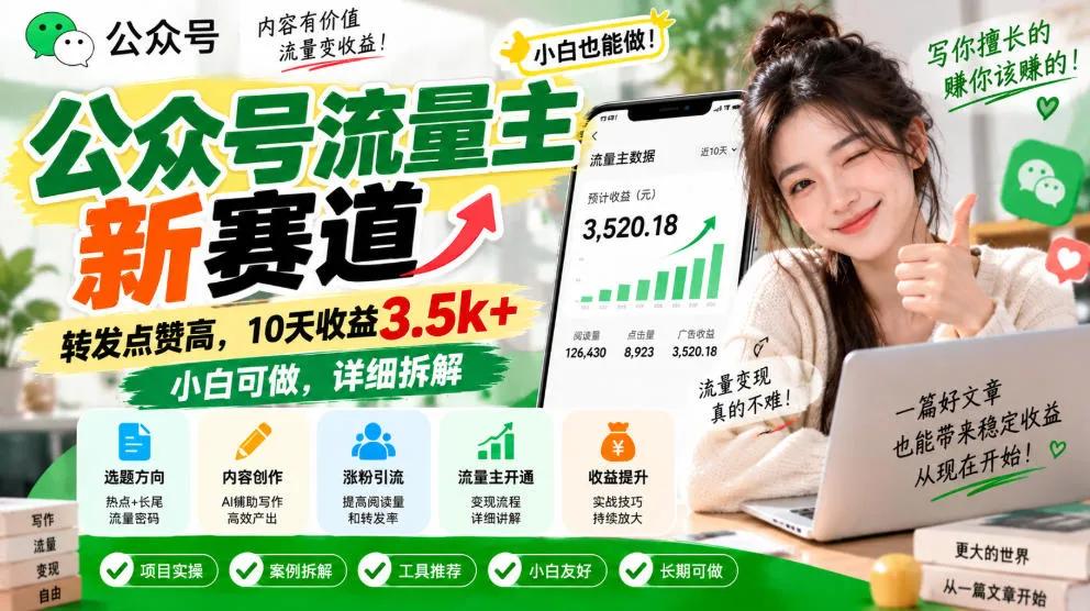 公众号流量主新赛道，转发点赞高，10天收益3.5k+小白可做，详细拆解-续财库