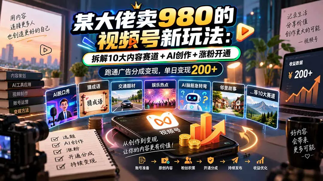 某大佬卖980的视频号新玩法：拆解10大内容赛道+AI创作+涨粉开通，跑通广告分成变现，单日变现200+-续财库