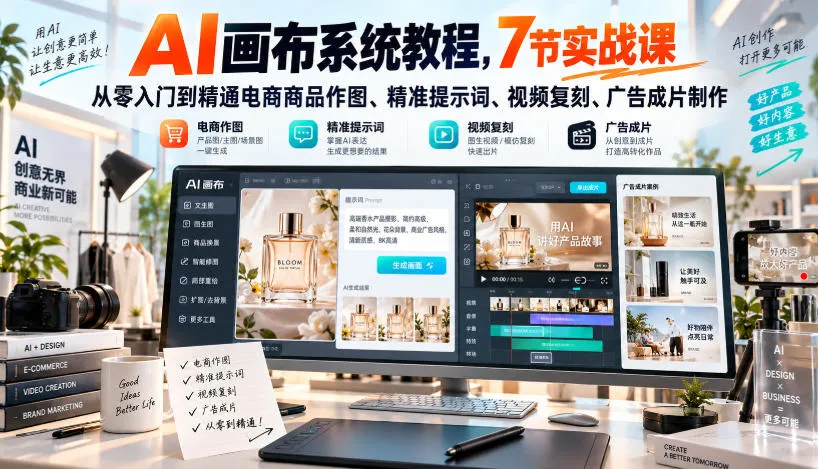 AI画布系统教程，7节实战课从零入门到精通电商商品作图、精准提示词、视频复刻、广告成片制作-续财库