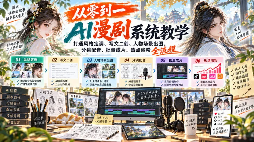 从零到一AI漫剧系统教学，打通风格定调、写文二创、人物场景出图、分镜配音、批量成片、热点涨粉全流程-续财库