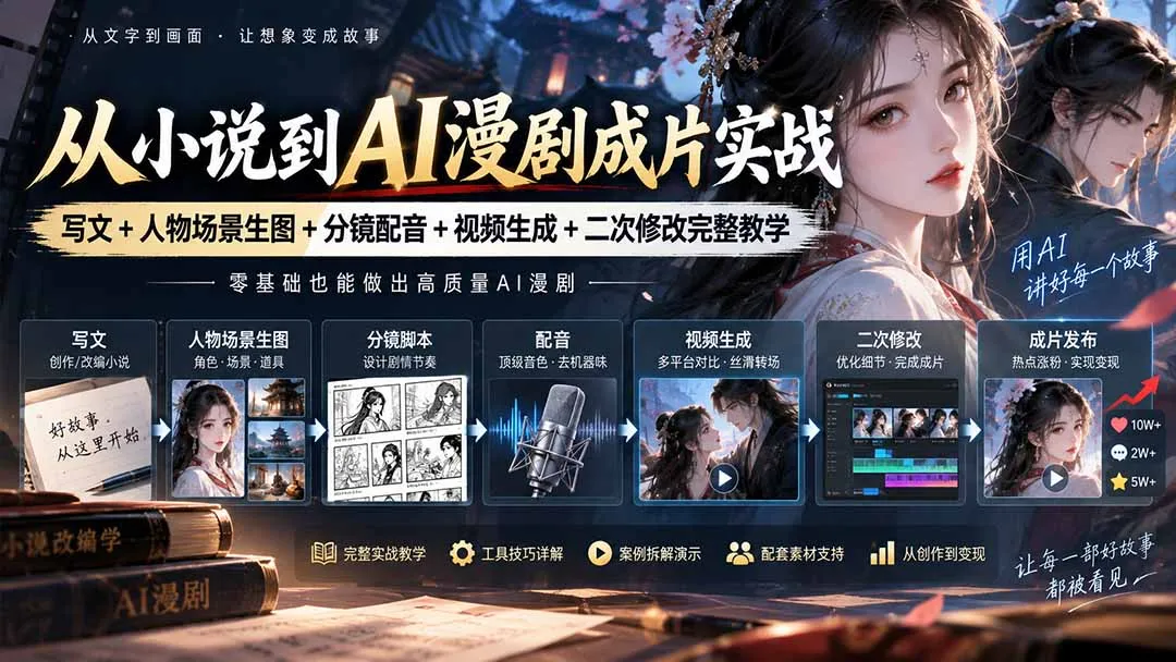 从小说到AI漫剧成片实战：写文+人物场景生图+分镜配音+视频生成+二次修改完整教学-续财库