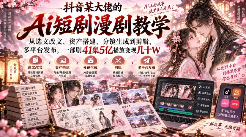 抖音某大佬的Ai短剧漫剧教学，从选文改文、资产搭建、分镜生成到剪辑、多平台发布，一部剧41集5亿播放变现几十W-续财库