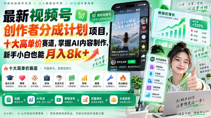 最新视频号创作者分成计划项目，十大高单价赛道，掌握AI内容制作，新手小白也能月入8k+-续财库