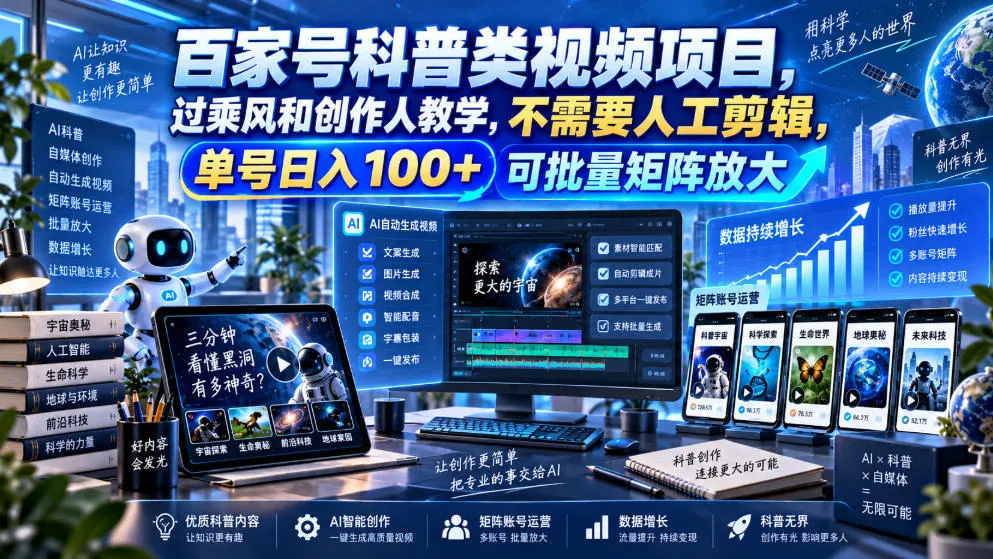 百家号科普类视频项目，过乘风和创作人教学，不需要人工剪辑，单号日入100+可批量矩阵放大-续财库