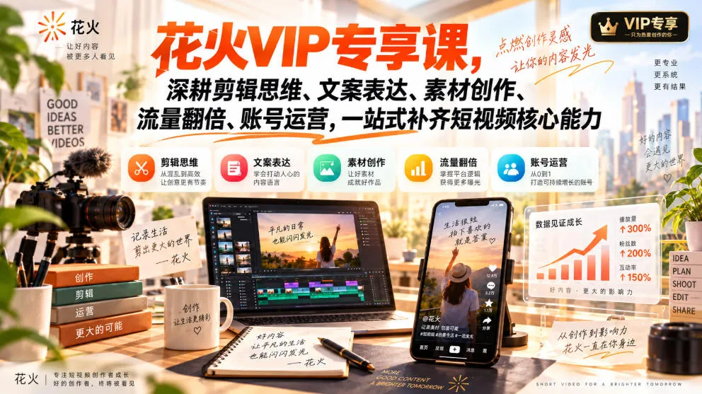 花火VIP专享课,深耕剪辑思维、文案表达、素材创作、流量翻倍、账号运营,一站式补齐短视频核心能力-续财库