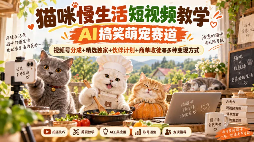 猫咪慢生活短视频教学，AI搞笑萌宠赛道，视频号分成+精选独家+伙伴计划+商单收徒等多种变现方式-续财库