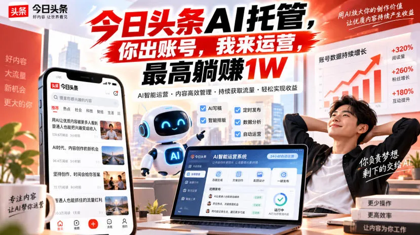 今日头条AI托管，你出账号，我来运营，最高躺賺1W【揭秘】-续财库