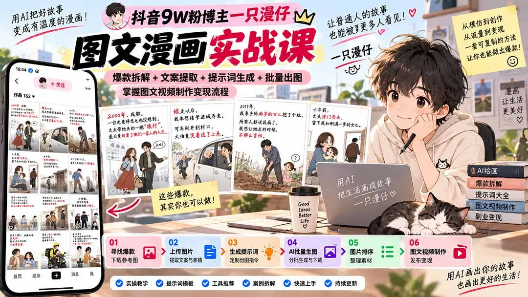 抖音9W粉博主一只漫仔图文漫画课：爆款拆解+文案提取+提示词生成+批量出图，掌握图文视频制作变现流程-续财库