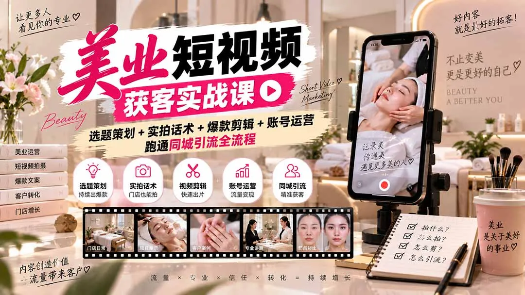 美业短视频获客实战课-无水印:选题策划+实拍话术+爆款剪辑+账号运营,跑通同城引流全流程-续财库