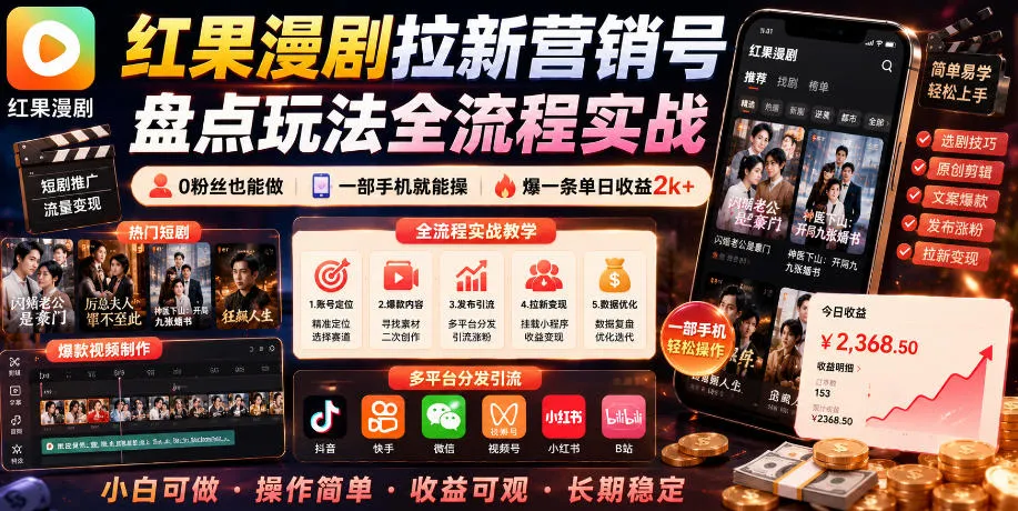 红果漫剧拉新营销号盘点玩法全流程实战,0粉丝也能做,一部手机就能做,爆一条单日收益2k+(更新0922)-续财库