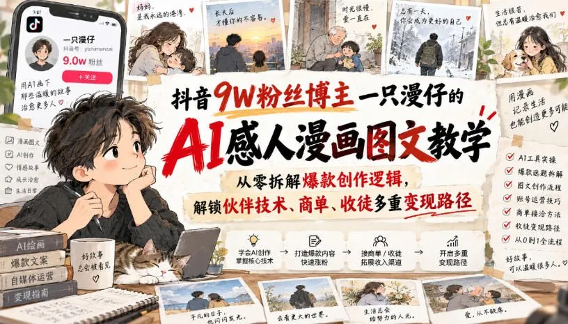 抖音9W粉丝博主一只漫仔的AI感人漫画图文教学,从零拆解爆款创作逻辑,解锁伙伴技术、商单、收徒多重变现路径-续财库
