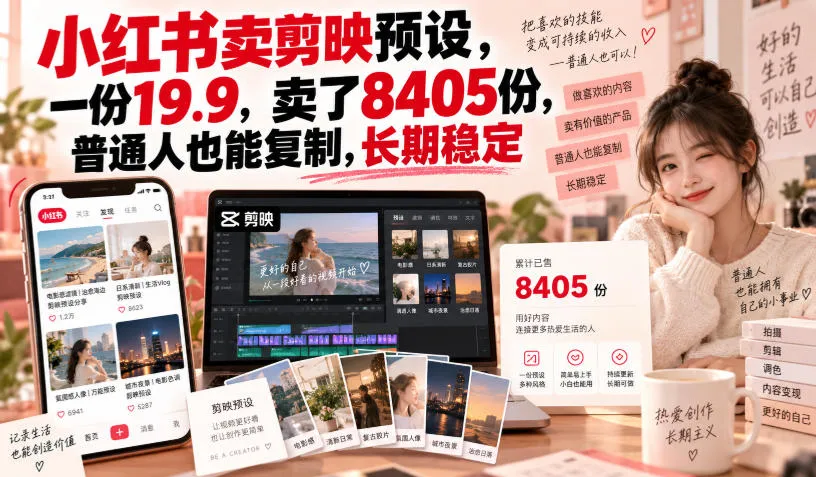 小红书卖剪映预设，一份19.9，卖了8405份，普通人也能复制，长期稳定-续财库