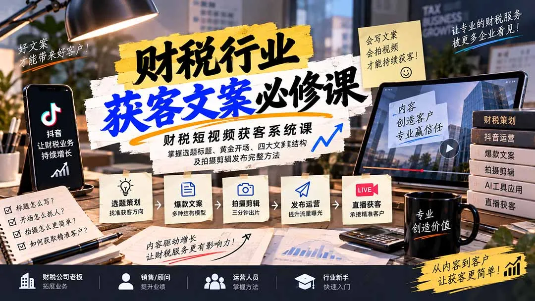 财税短视频获客系统课：掌握选题标题、黄金开场、四大文案结构及拍摄剪辑发布完整方法-续财库