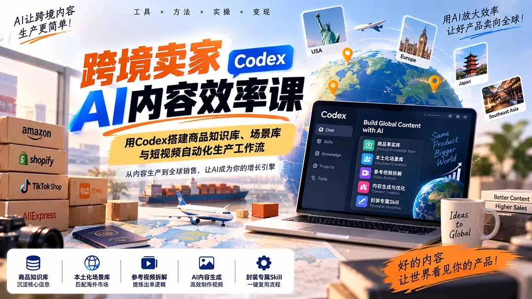 跨境卖家AI内容效率课：用Codex搭建商品知识库、场景库与短视频自动化生产工作流-续财库